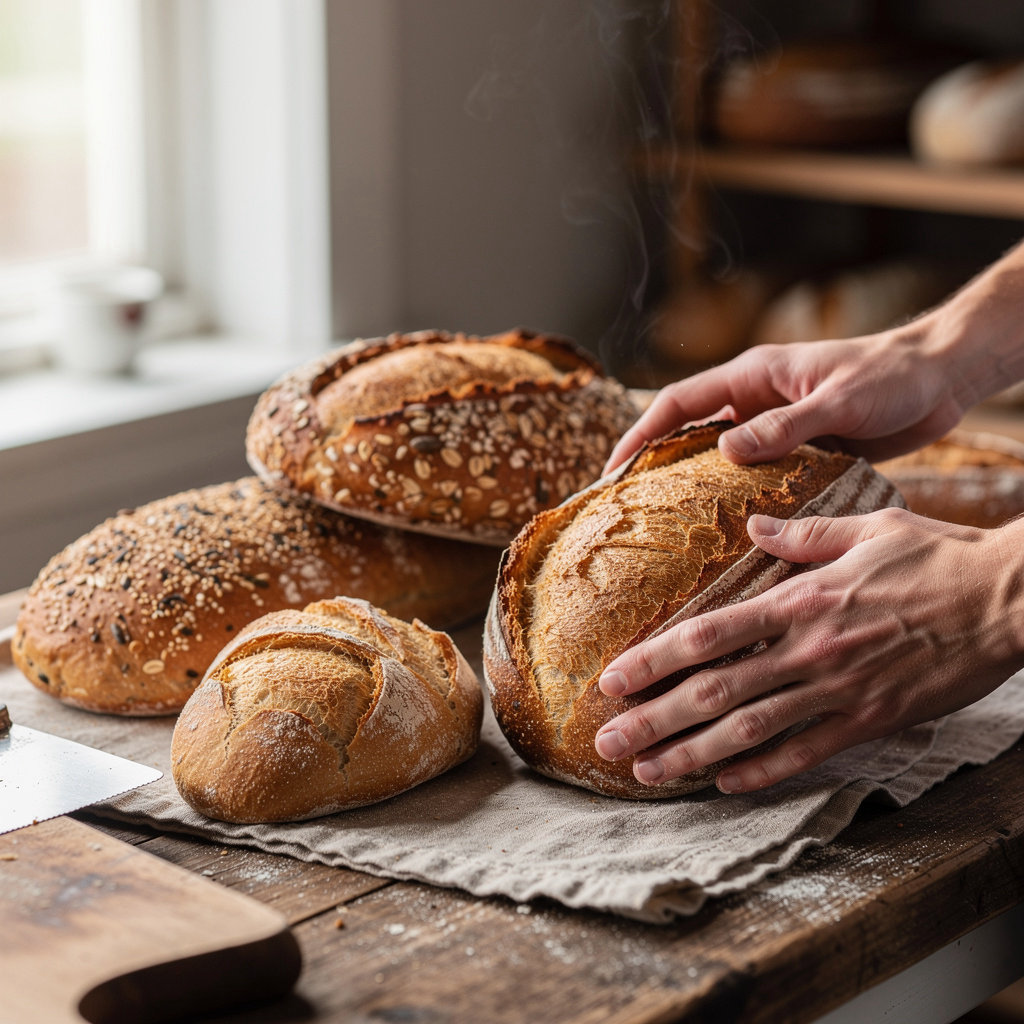 Golden Crust Bakery's fresh artisan bread selection including sourdough and baguettes in Portland, Oregon