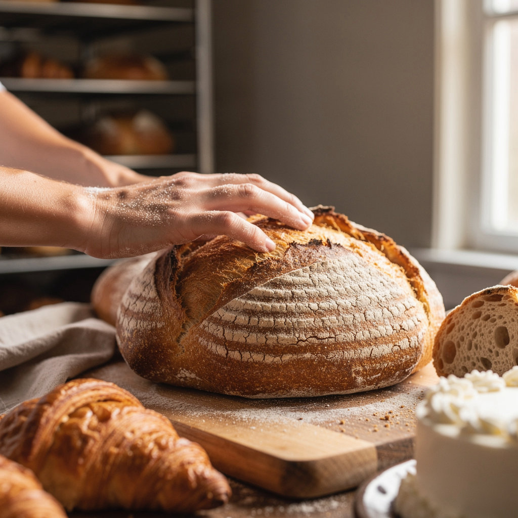 Golden Crust Bakery's fresh artisan breads, pastries, and cakes displayed in Portland, Oregon