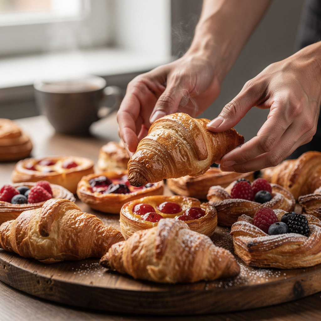 Golden Crust Bakery's fresh pastries including croissants, danishes, and muffins in Portland, Oregon